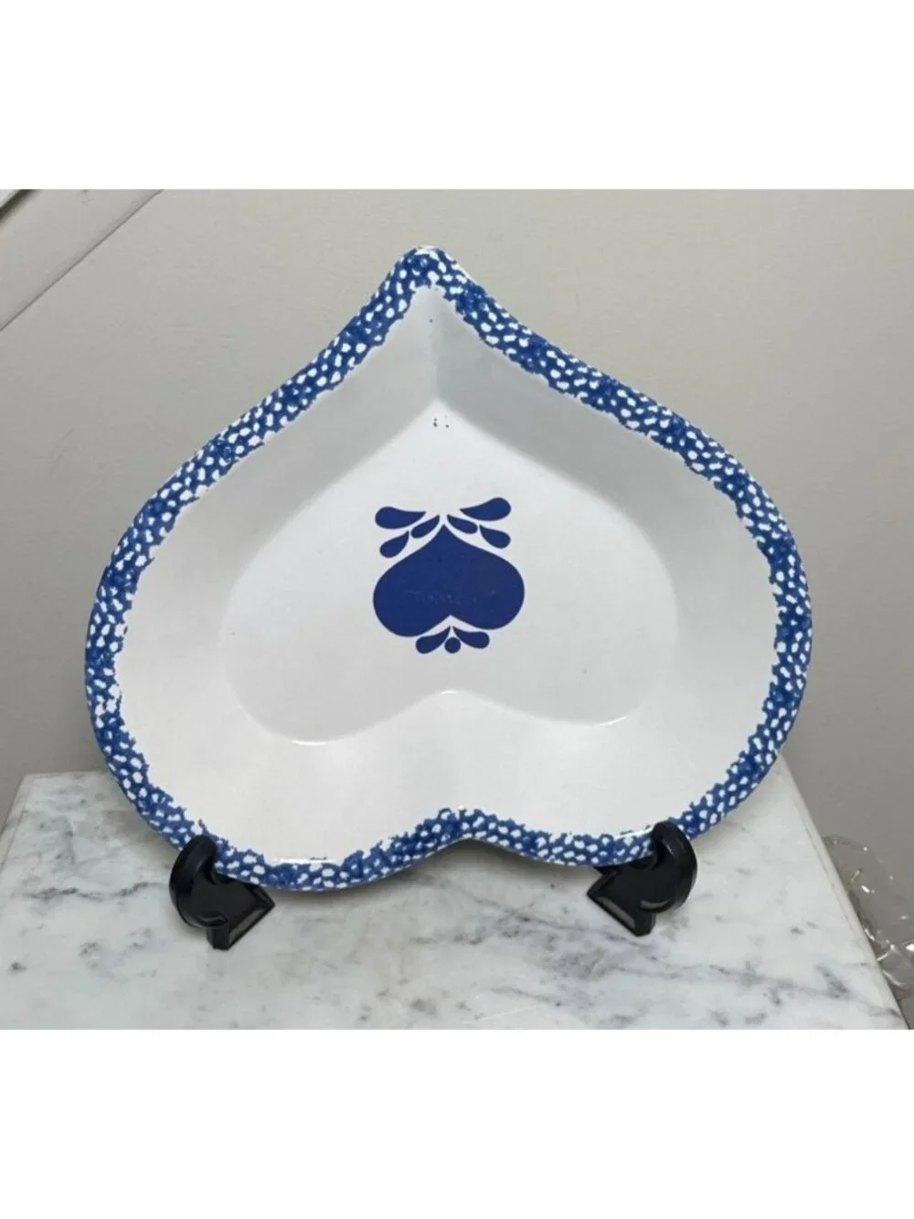 Large Vintage Heart Shaped Ceramic Serving Bowl | Blue & White Folk Art Dish
